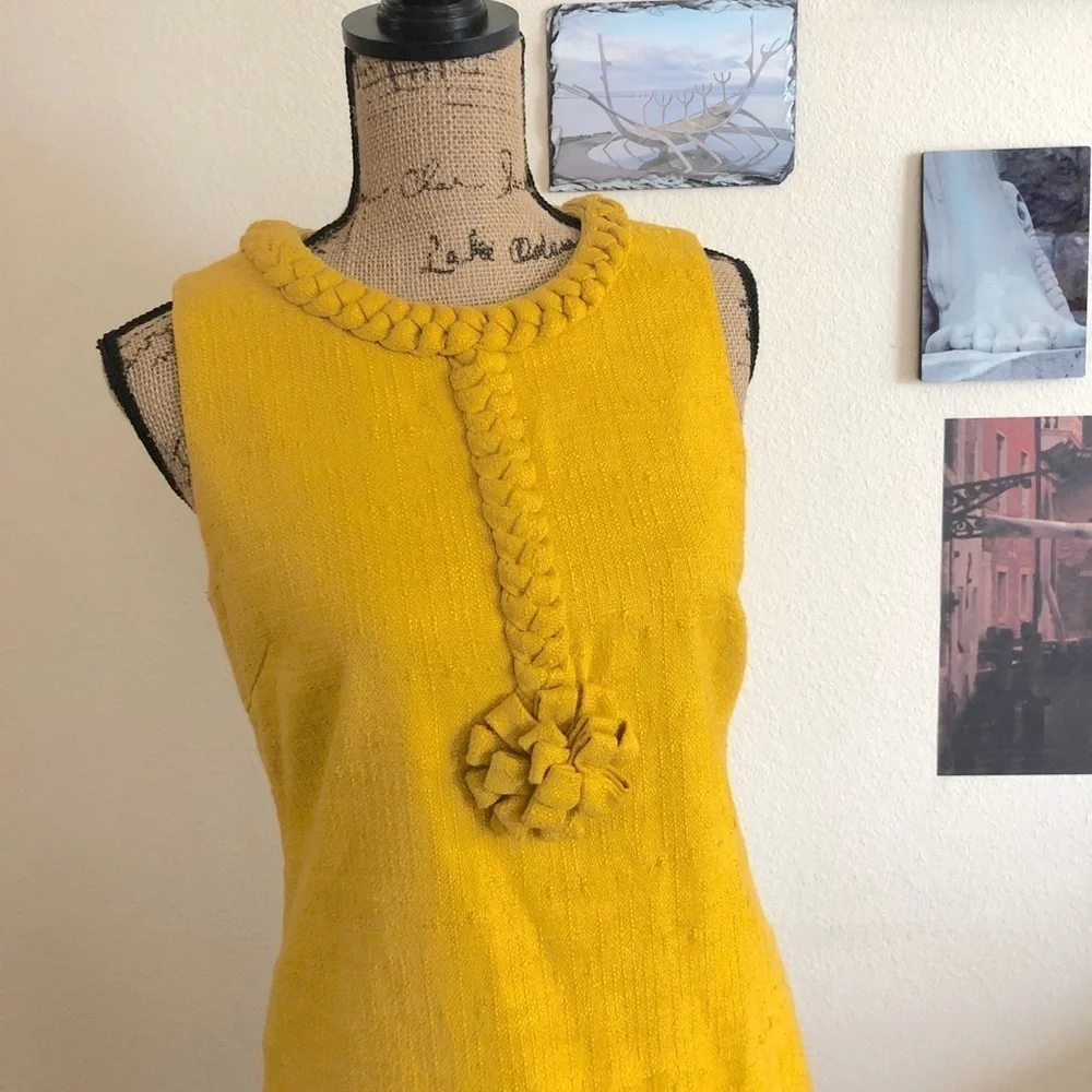 Tory Burch mustard tweed sheath dress w/braided detail, Sz. 6